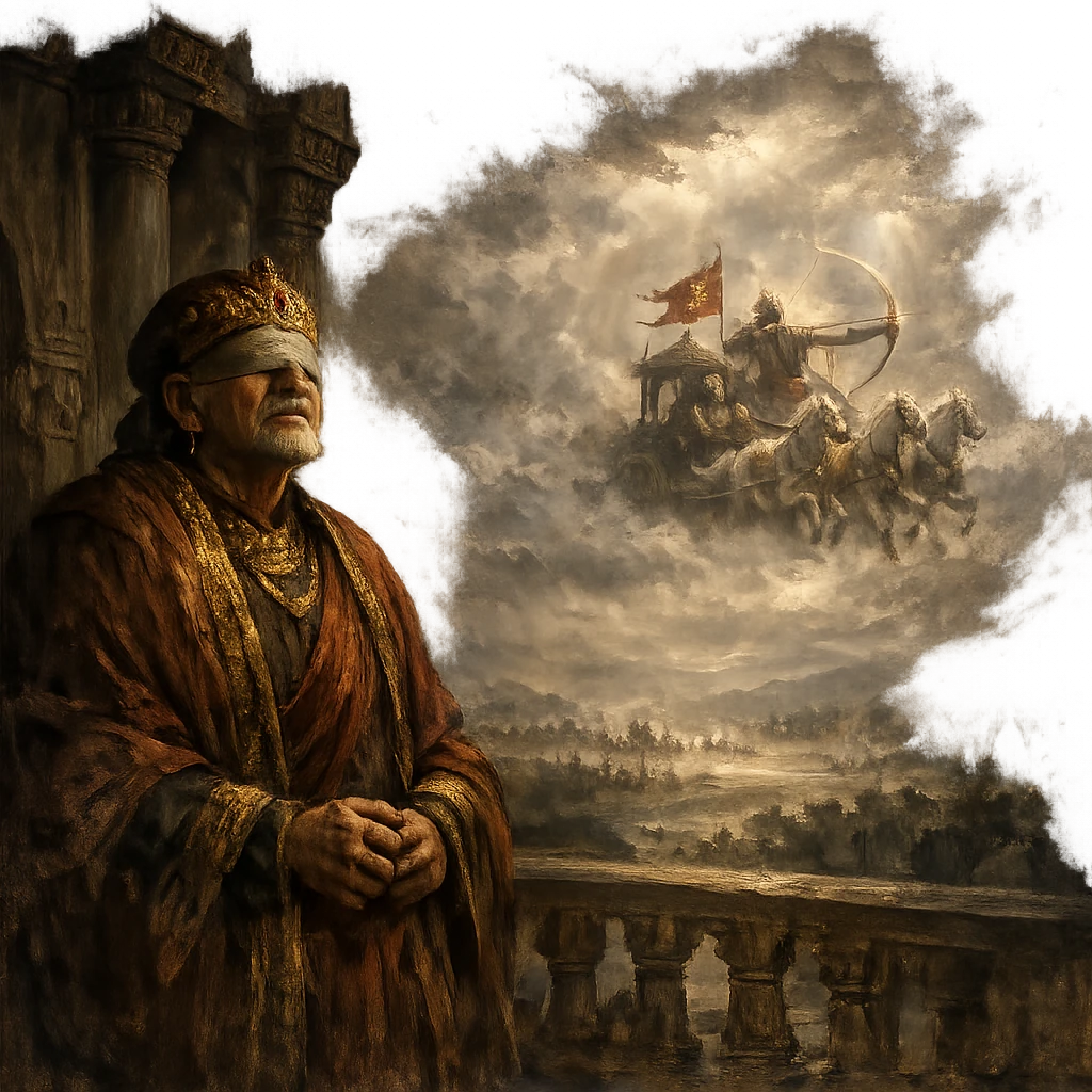 Дхритараштра, уже без сна и покоя, внутри дворцовой тишины прозревает грядущую силу Пандавов и гибель Куру, яснее любых глаз.